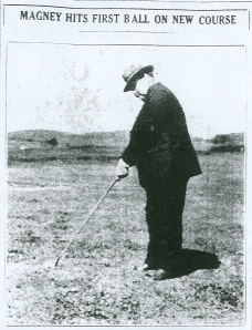 Judge C.R. Magney hits the first ball at Enger Park, July 2, 1927. From Duluth News Tribune, July 3, 1927.